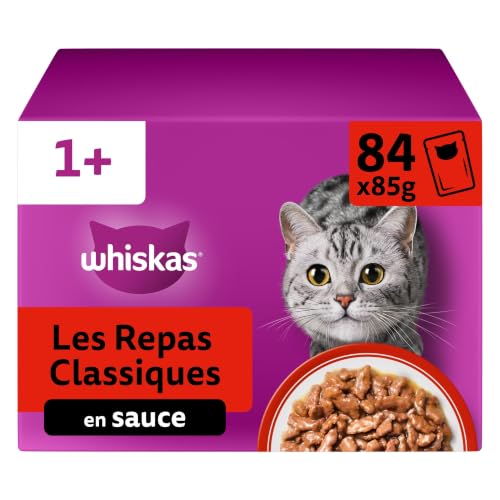 WHISKAS Aliment humide en sauce Chat adulte - 84 sachets 85g Les Repas Classiques