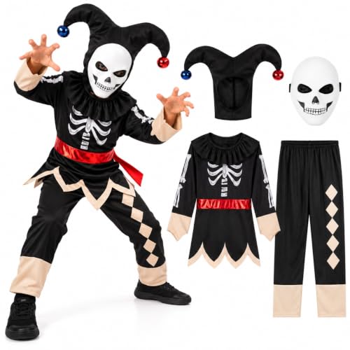 Déguisement Enfant Bouffon Squelette Halloween , 116–152cm | Costume Enfant avec Motifs Squelette, Masque et Chapeau