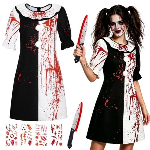 Costume terrifier pour femme, Robe de terrifier Clown pour femme, avec Faux Couteau et Autocollants Tatouages