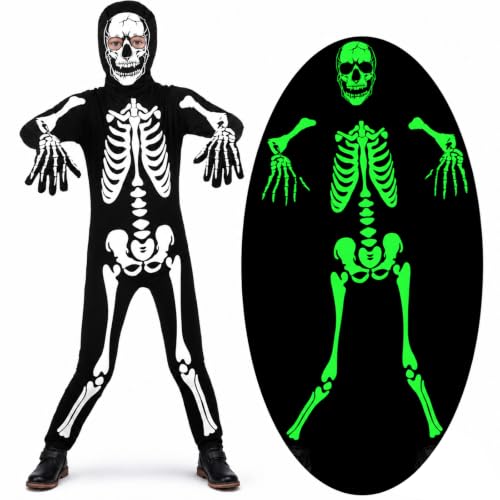 Déguisement Squelette Enfant, Halloween Garcon Squelette Briller la nuit d'Halloween (7-8 ans)