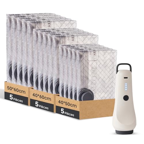 Sacs de compression pour vêtements avec pompe à vide sans fil, idéals pour le rangement gain de place à la maison et en voyage - Lot de 15 sacs (5x 40