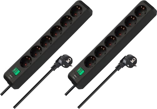 Brennenstuhl Eco-Line Lot de 2 multiprises 6 Prises (Prises de Terre Multiples avec Protection de Contact Accrue, Interrupteur et câble de 1,5 m) Noir