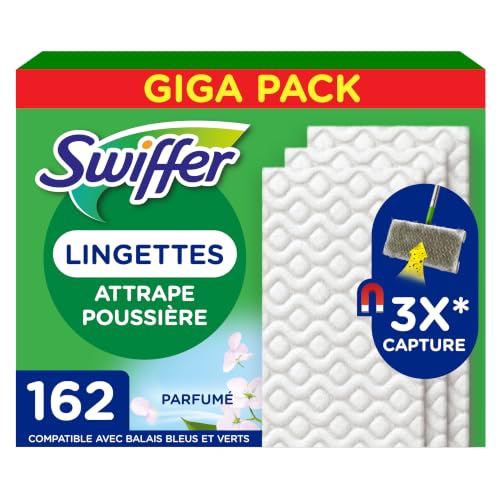 Swiffer Lingettes Sèches pour Balai Attrape-Poussière 162 lingettes | Attrape et retient 3x plus de poussière qu’un balai classique. Idéal pour les po
