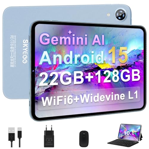 Tablette 10 Pouces Android 15 avec Gemini AI, 22 Go RAM+ 128 Go ROM+ Extensible 2 To, Octa-Core, Widevine L1, WiFi 6, 6000mAh, BT 5.0, Corps Métalliqu