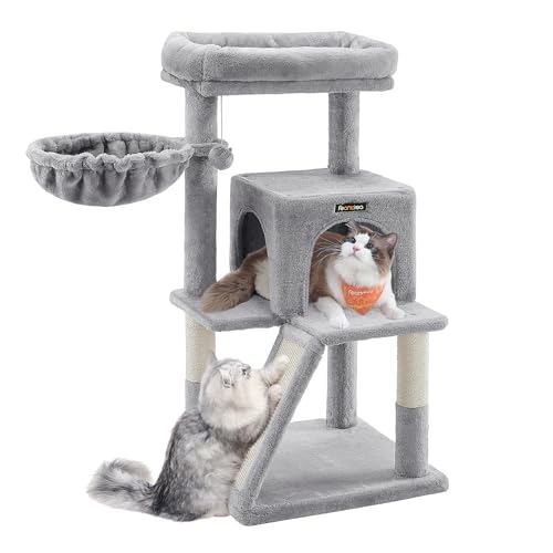 Feandrea Arbre à Chat, avec Niche, Griffoir et Hamac, 48,5 x 48,5 x 96 cm | Perchoir Chat, pour 3 Chats, Jouet, Escalier, Intérieur, Gris Tourterelle,