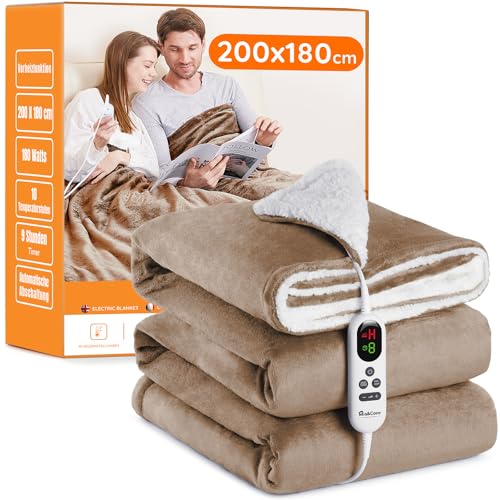 Couverture Chauffante plaid chauffant couette électrique 200x180cm, Flanelle Sherpa, 10 niveaux de température, 1 à 9 heures d'arrêt automatique, affi